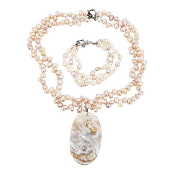 Freshwater Pearl Necklace & Bracelet Set W Large Oval Shell Pendant Sterling 925 - Picture 1 of 4